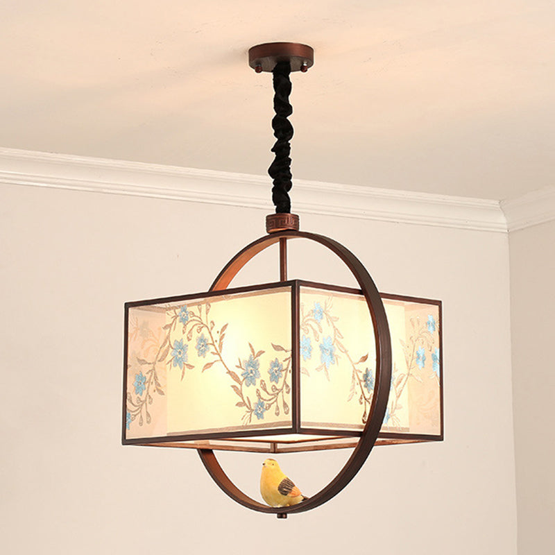 Square Fabric Suspension Pendant Light Chinese Style Black Hanging Ceiling Light
