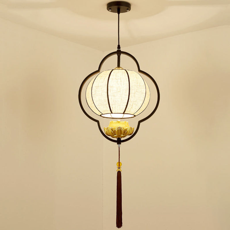 Living Room Ceiling Pendant Light Chinese Black Hanging Light Kit with Pumpkin Fabric Shade