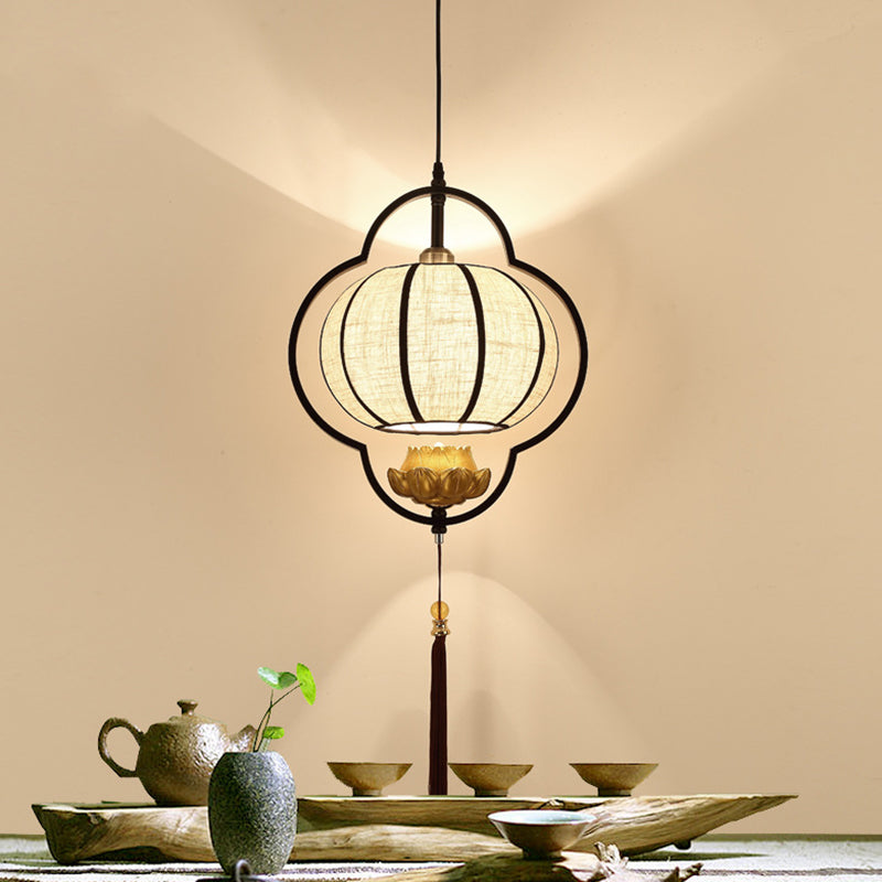 Living Room Ceiling Pendant Light Chinese Black Hanging Light Kit with Pumpkin Fabric Shade