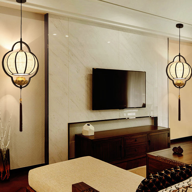 Living Room Ceiling Pendant Light Chinese Black Hanging Light Kit with Pumpkin Fabric Shade