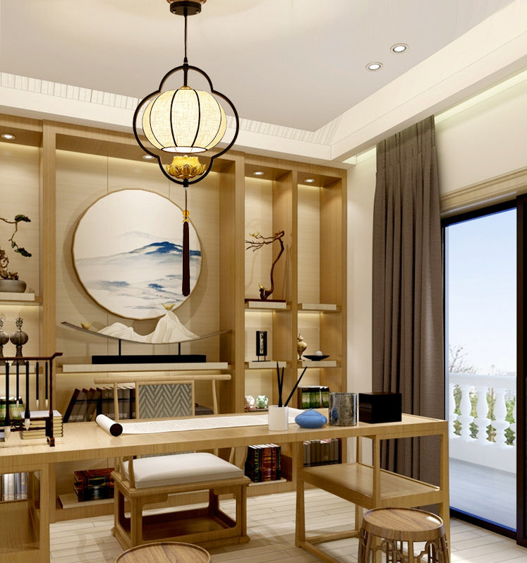 Living Room Ceiling Pendant Light Chinese Black Hanging Light Kit with Pumpkin Fabric Shade