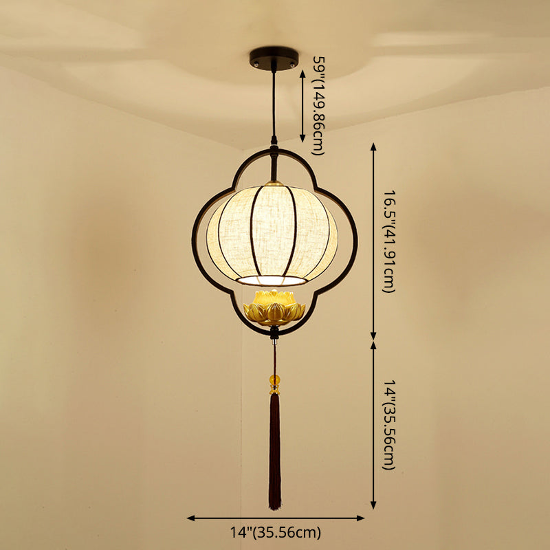 Living Room Ceiling Pendant Light Chinese Black Hanging Light Kit with Pumpkin Fabric Shade