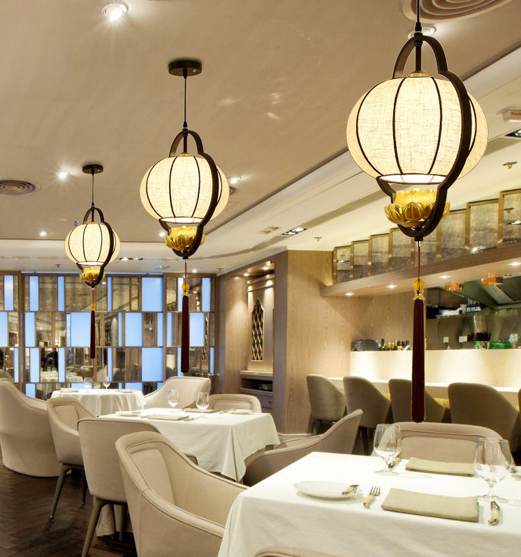 Living Room Ceiling Pendant Light Chinese Black Hanging Light Kit with Pumpkin Fabric Shade