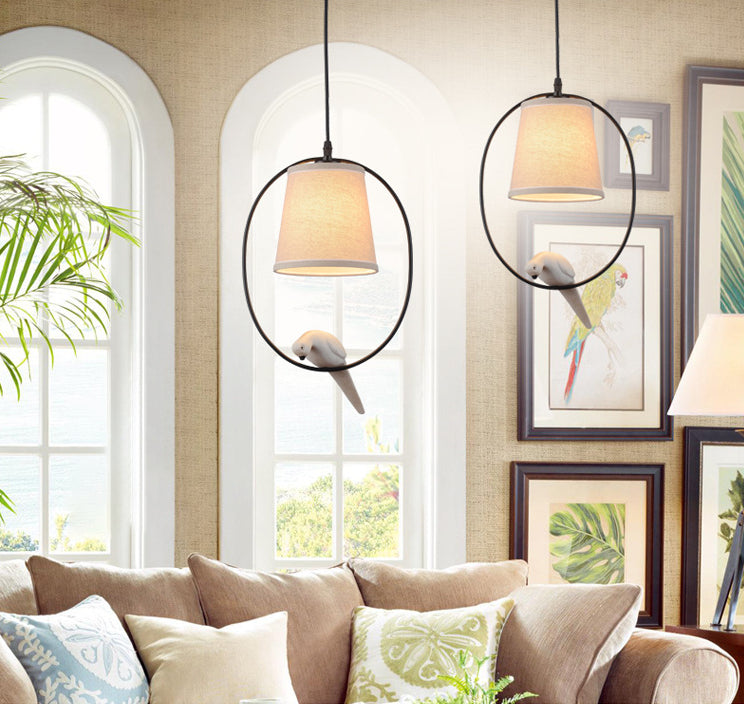 Flared Fabric Pendant Ceiling Light Rustic White Pendant Light Fixture with Bird Decor