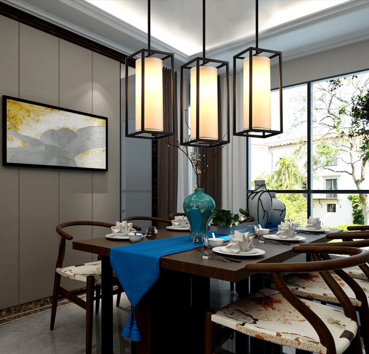 Cylinder Dinning Room Pendant Lighting Fabric Modern Suspension Pendant Light in Beige