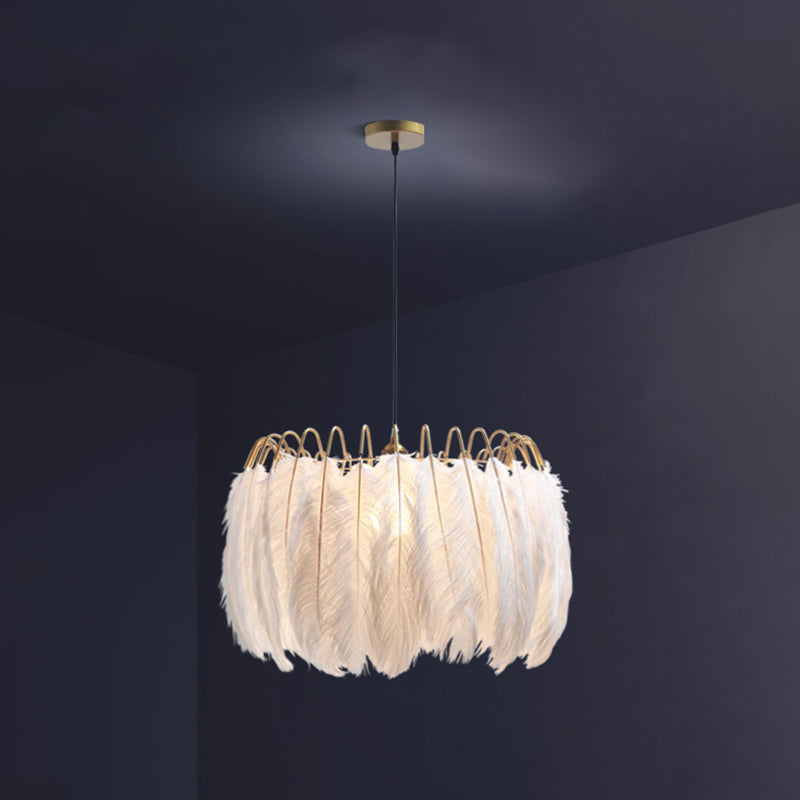 White Drum Pendant Lighting Fixture Modern Style Feather Suspension Pendant Light