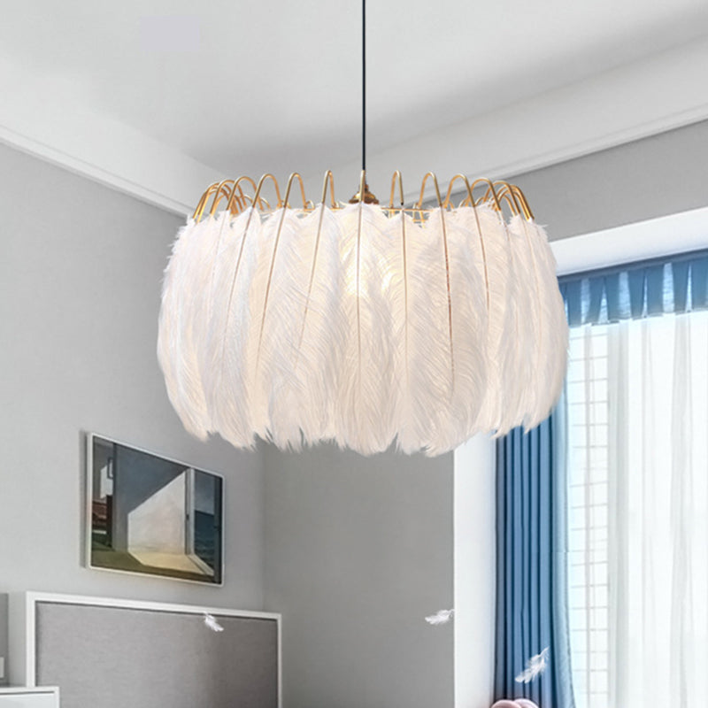 White Drum Pendant Lighting Fixture Modern Style Feather Suspension Pendant Light