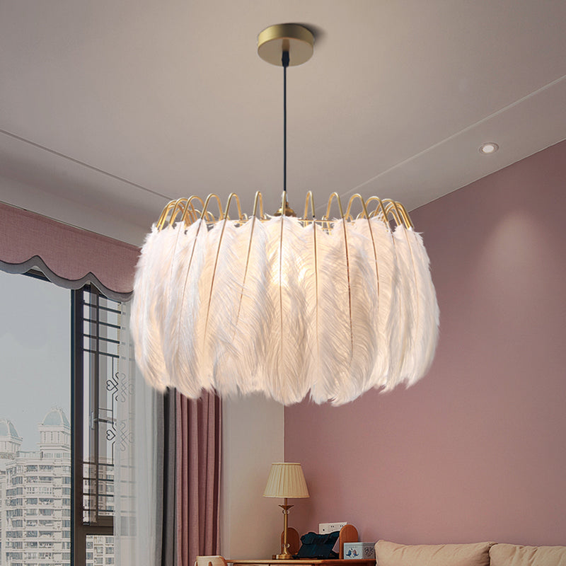 White Drum Pendant Lighting Fixture Modern Style Feather Suspension Pendant Light
