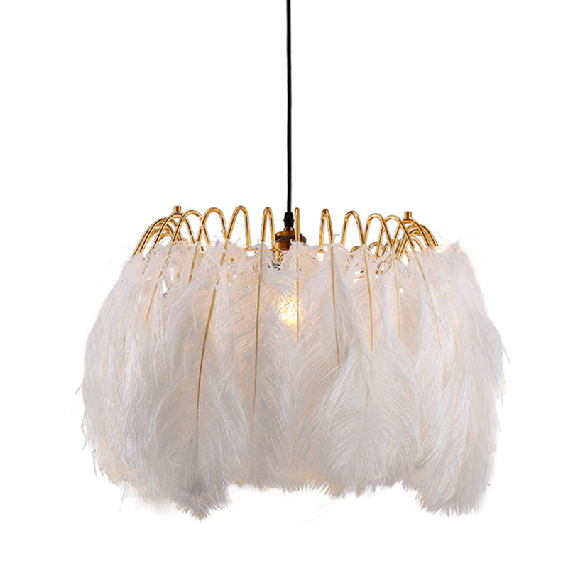 White Drum Pendant Lighting Fixture Modern Style Feather Suspension Pendant Light
