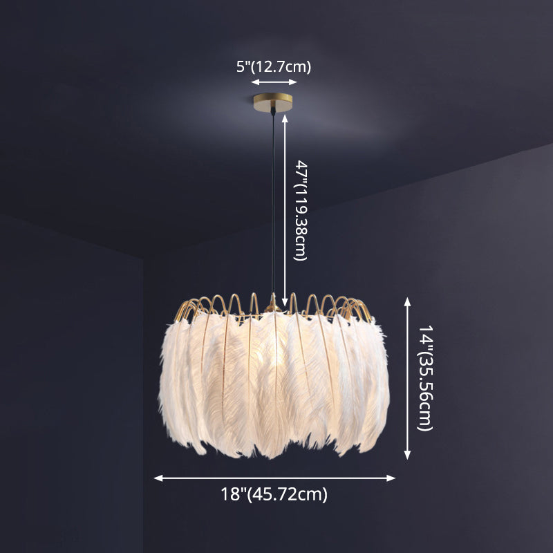 White Drum Pendant Lighting Fixture Modern Style Feather Suspension Pendant Light