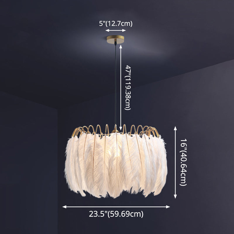 White Drum Pendant Lighting Fixture Modern Style Feather Suspension Pendant Light