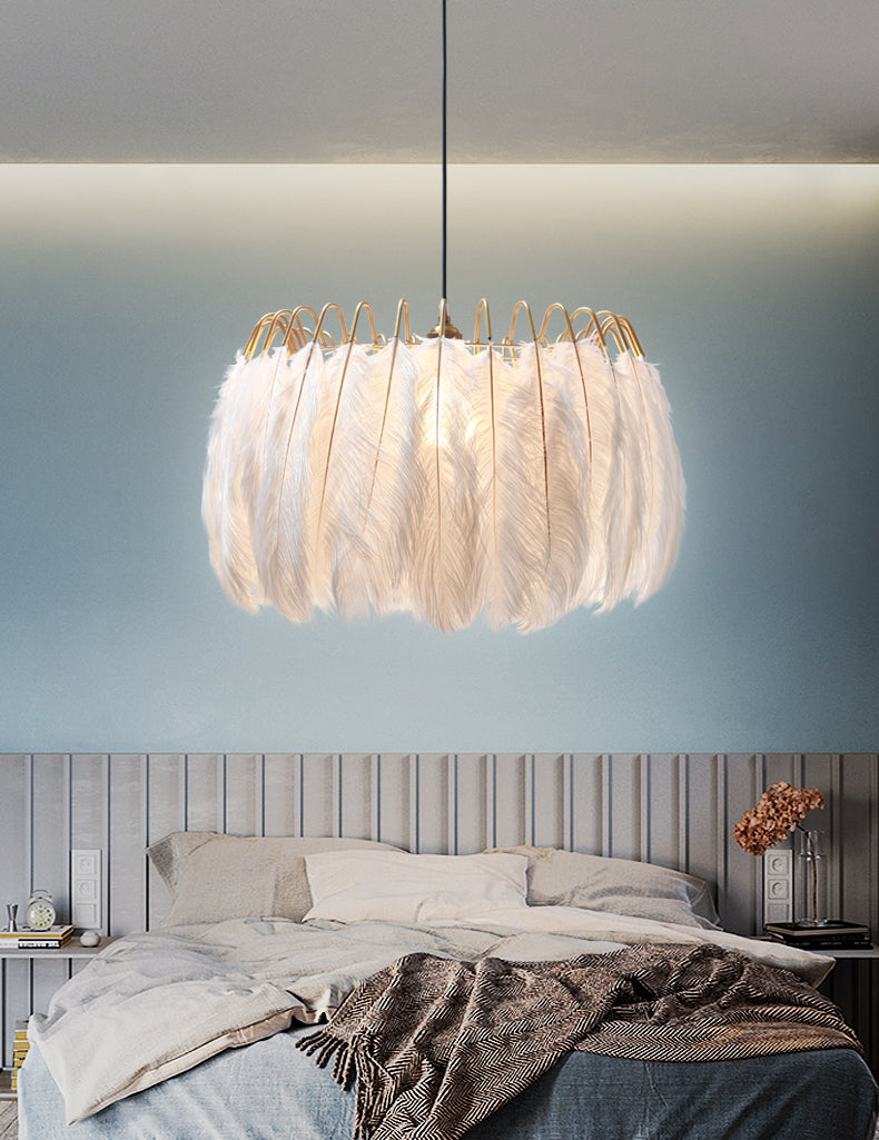White Drum Pendant Lighting Fixture Modern Style Feather Suspension Pendant Light