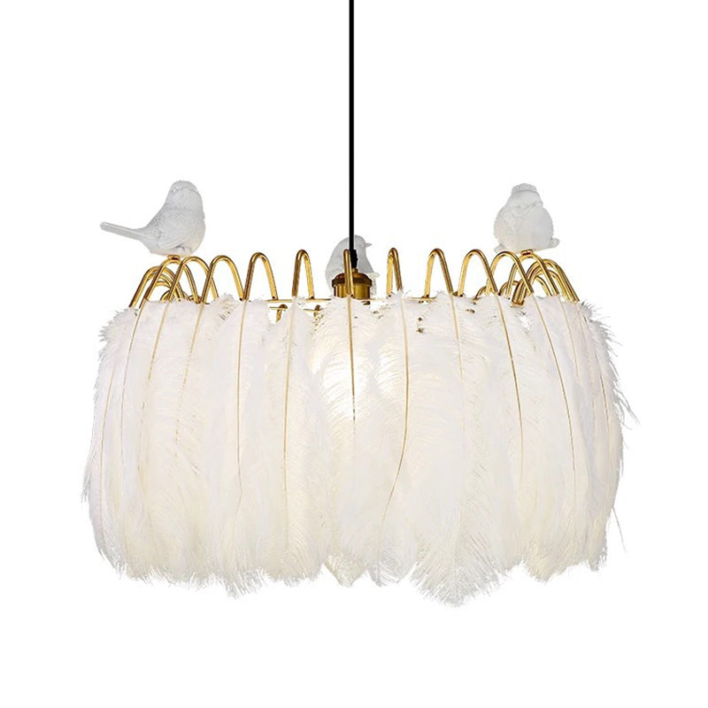 Drum Hanging Light Fixture Modern Feather Living Room Ceiling Pendant Lamp in White