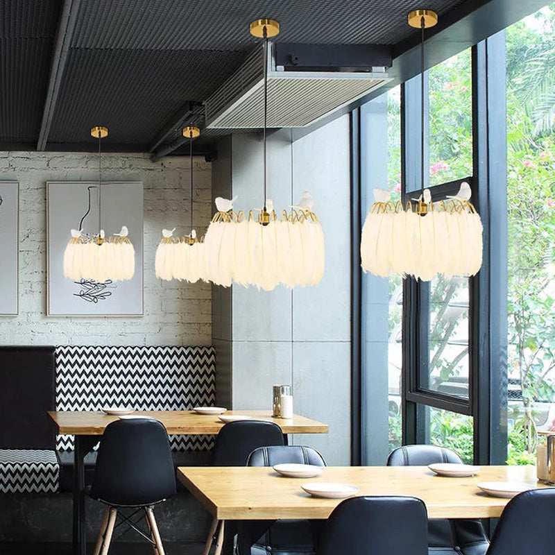 Drum Hanging Light Fixture Modern Feather Living Room Ceiling Pendant Lamp in White