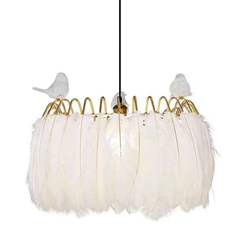Drum Hanging Light Fixture Modern Feather Living Room Ceiling Pendant Lamp in White