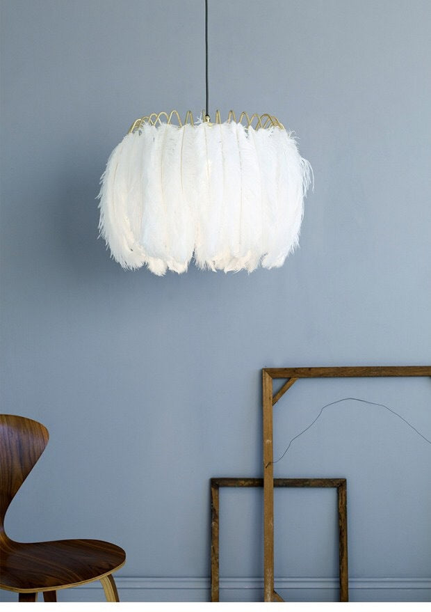 Drum Hanging Light Fixture Modern Feather Living Room Ceiling Pendant Lamp in White