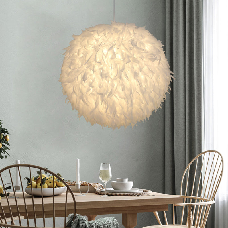 Modern Style Pendant Lighting Fixture White Globe Hanging Lamp with Feather Shade