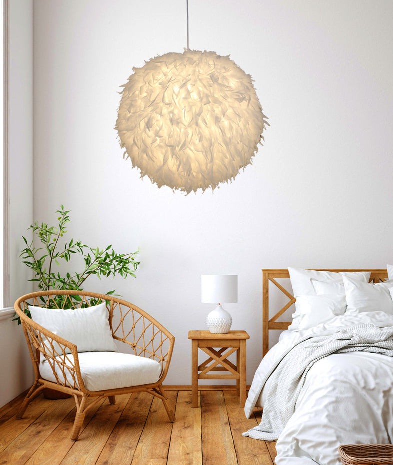 Modern Style Pendant Lighting Fixture White Globe Hanging Lamp with Feather Shade