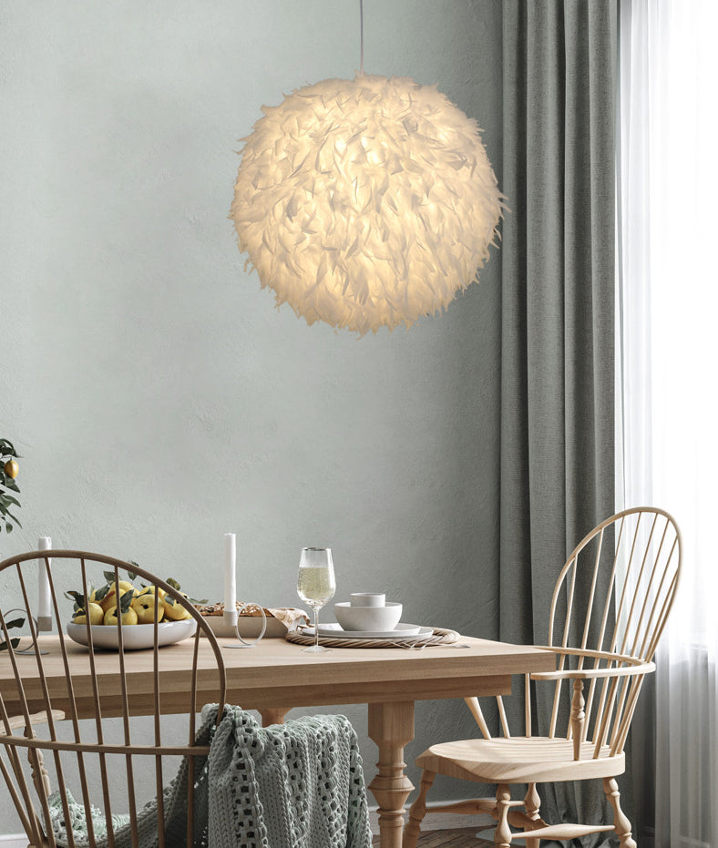 Modern Style Pendant Lighting Fixture White Globe Hanging Lamp with Feather Shade