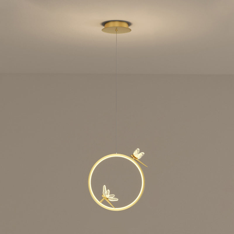 Metal Circle Hanging Pendant Light Modern LED Pendant Ceiling Light with Dragonfly Decor