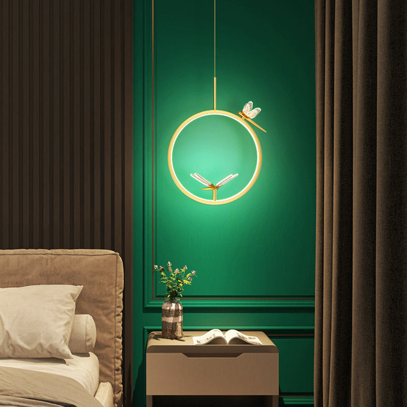 Metal Circle Hanging Pendant Light Modern LED Pendant Ceiling Light with Dragonfly Decor