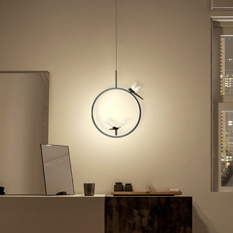 Metal Circle Hanging Pendant Light Modern LED Pendant Ceiling Light with Dragonfly Decor