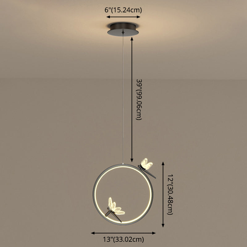 Metal Circle Hanging Pendant Light Modern LED Pendant Ceiling Light with Dragonfly Decor