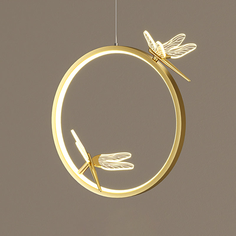 Metal Circle Hanging Pendant Light Modern LED Pendant Ceiling Light with Dragonfly Decor