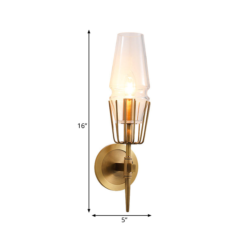 Heldere glazen messing wand sconce kegel 1/2-licht kolonialisme wandlicht voor woonkamer