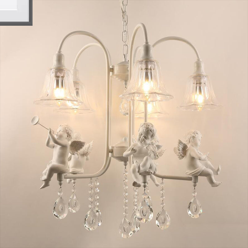 Flared Chandelier Pendant Traditional Plexiglas 5 Lights White Ceiling Light Fixture with Angels and Crystal Drop