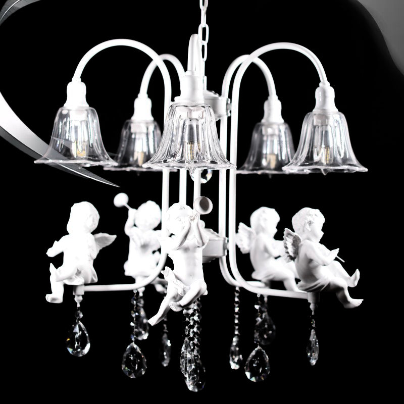 Flared Chandelier Pendant Traditional Plexiglas 5 Lights White Ceiling Light Fixture with Angels and Crystal Drop