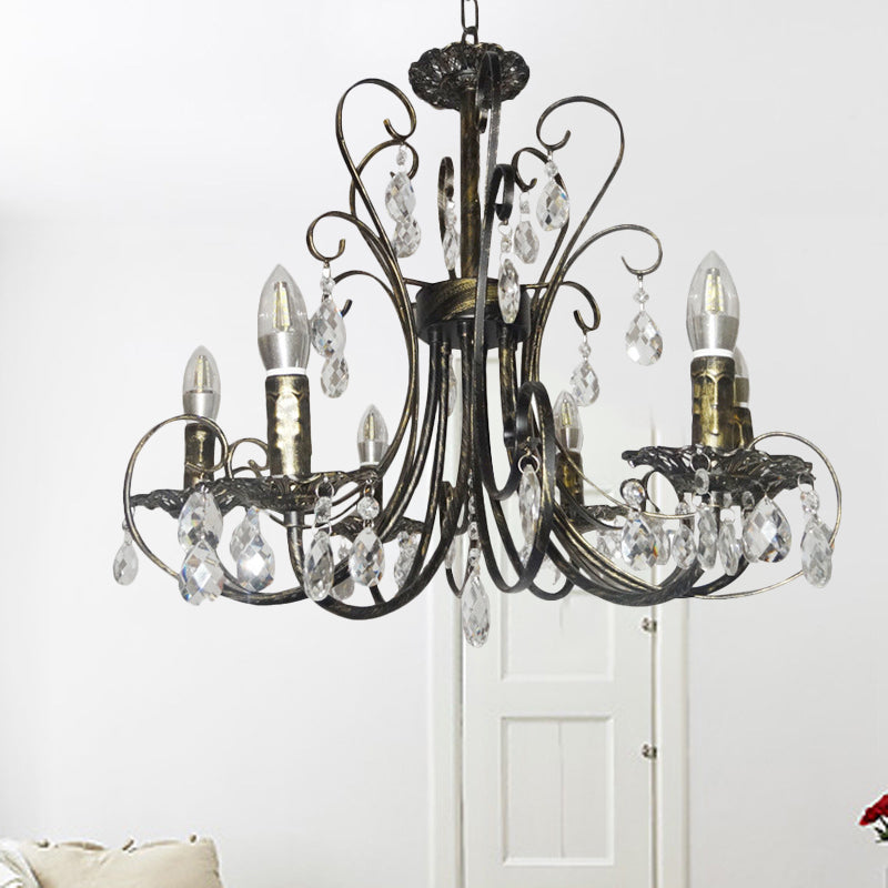 Bronze Curved Candle Chandelier French Style 6 Lights Iron Ceiling Lighting with Crystal Accent
