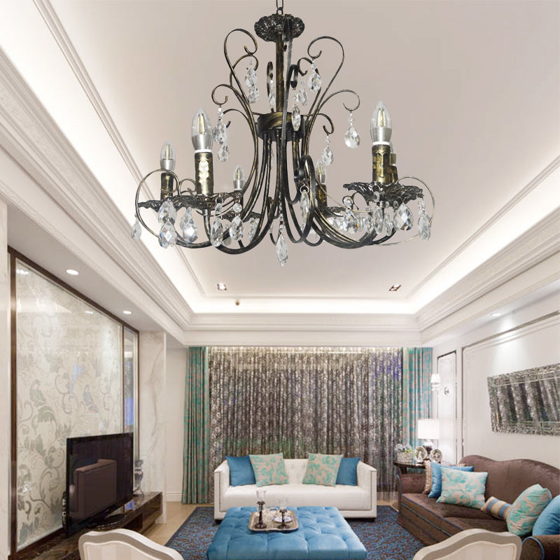 Chandelier de bougie courbe en bronze French Style 6 Lumières Éclairage de plafond en fer avec accent en cristal