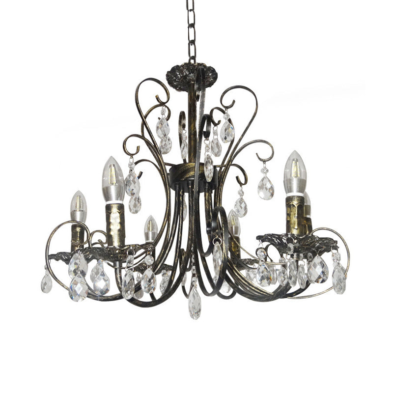 Bronze Curved Candle Chandelier French Style 6 Lights Iron Ceiling Lighting with Crystal Accent