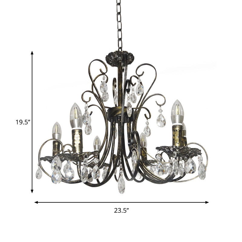 Bronze Curved Candle Chandelier French Style 6 Lights Iron Ceiling Lighting with Crystal Accent
