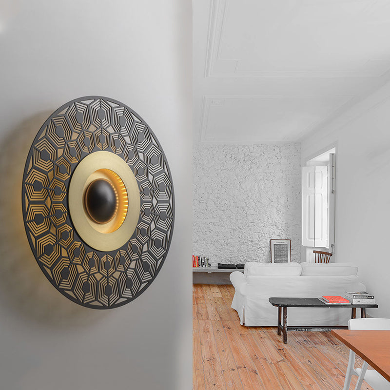 LED Metal Flush Wall Sconce Colonialist Brass Circular Porch Wall Mount Light Fixture