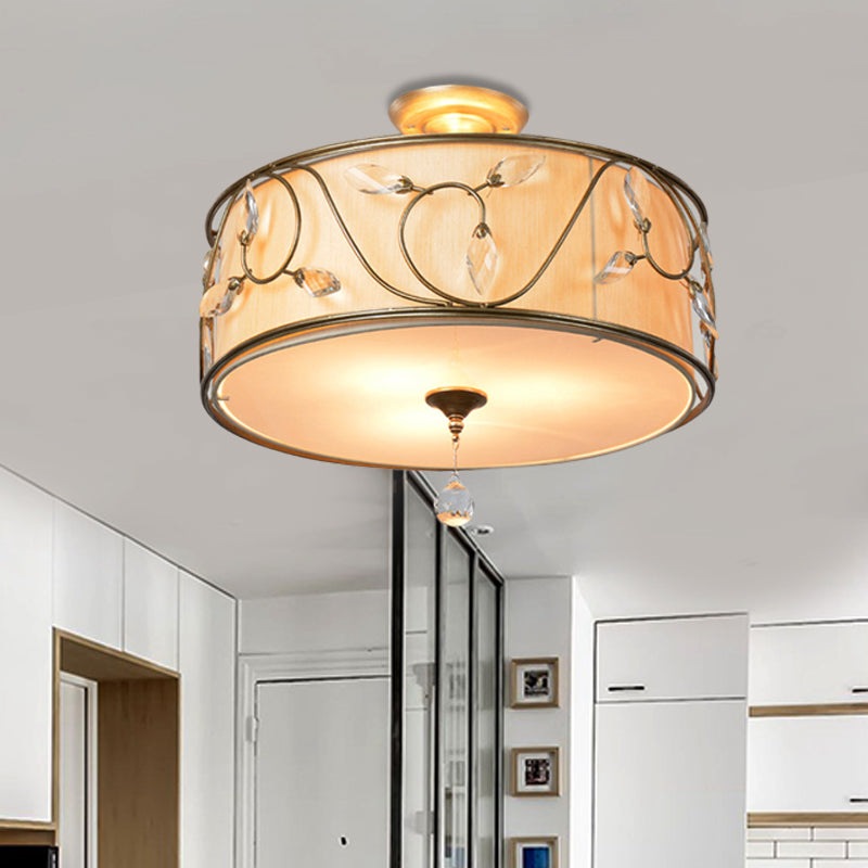 14 "/16" Dia Golden 3-Light Semi Flush Lamp Traditioneel metalen ronde plafondlicht met kristalelement