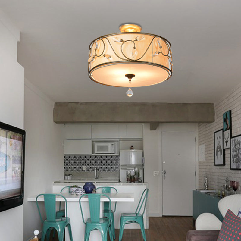 14 "/16" Dia Golden 3-Light Semi Flush Lamp Traditioneel metalen ronde plafondlicht met kristalelement