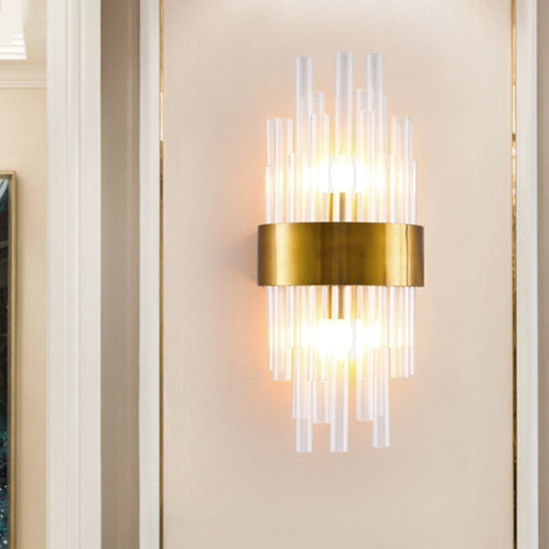 2 Heads Bedroom Wall Mount Light Postmodern Gold Sconce Light with Cylinder Fluted Crystal Shade