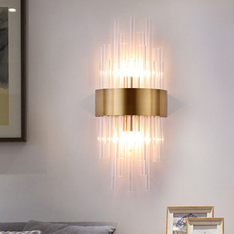 2 Heads Bedroom Wall Mount Light Postmodern Gold Sconce Light with Cylinder Fluted Crystal Shade