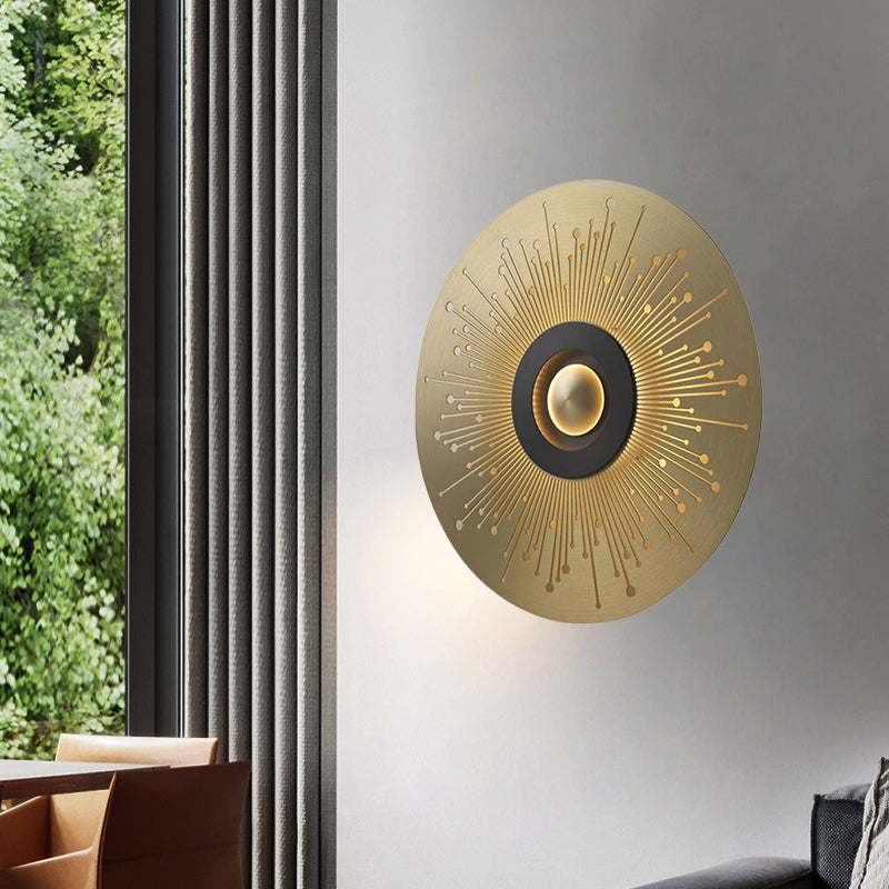 Colonial Round Wall Mounted Lighting LED Metal Flush Mount Wall Sconce in Gold for Bedroom