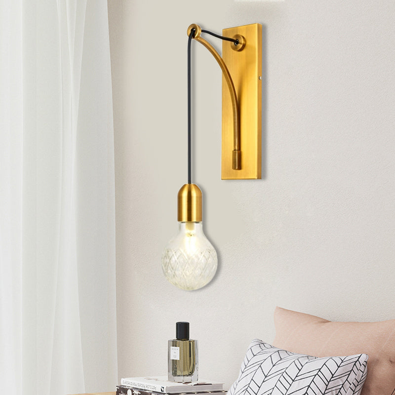 Single Exposed Bulb Wall Mounted Light Simple Clear Lattice Glass Wall Sconce with Gold Metal Backplate