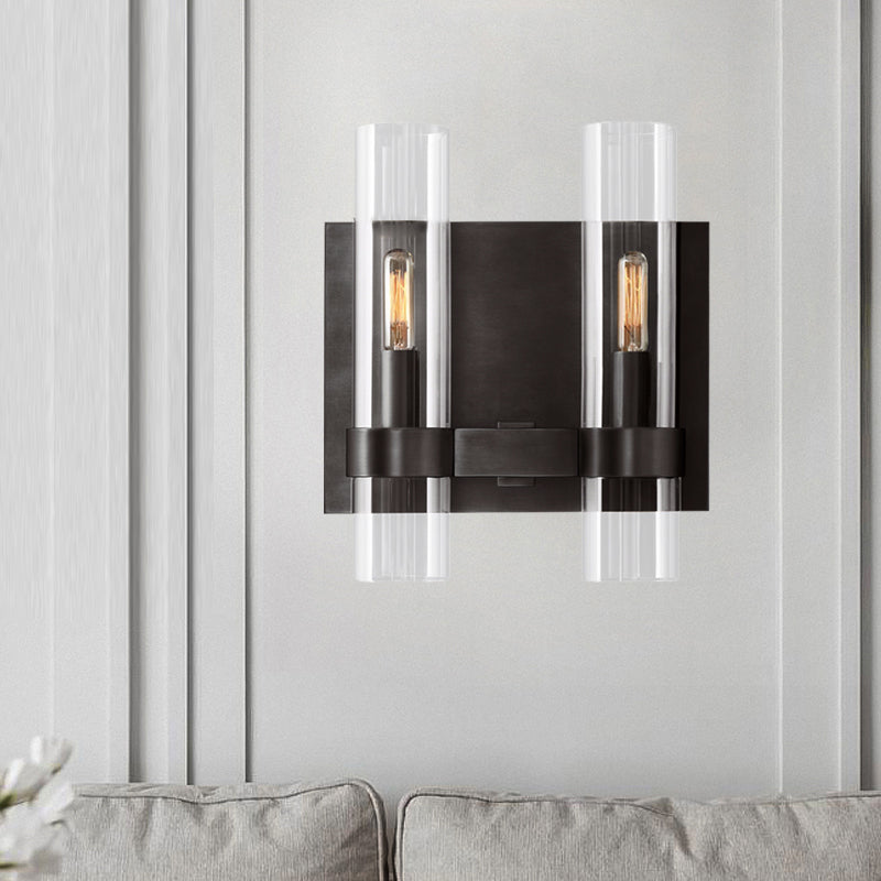 Clear Glass Symmetrical Tube Wall Sconce Modernist 2 Heads Black/Brass Armed Wall Light Fixture
