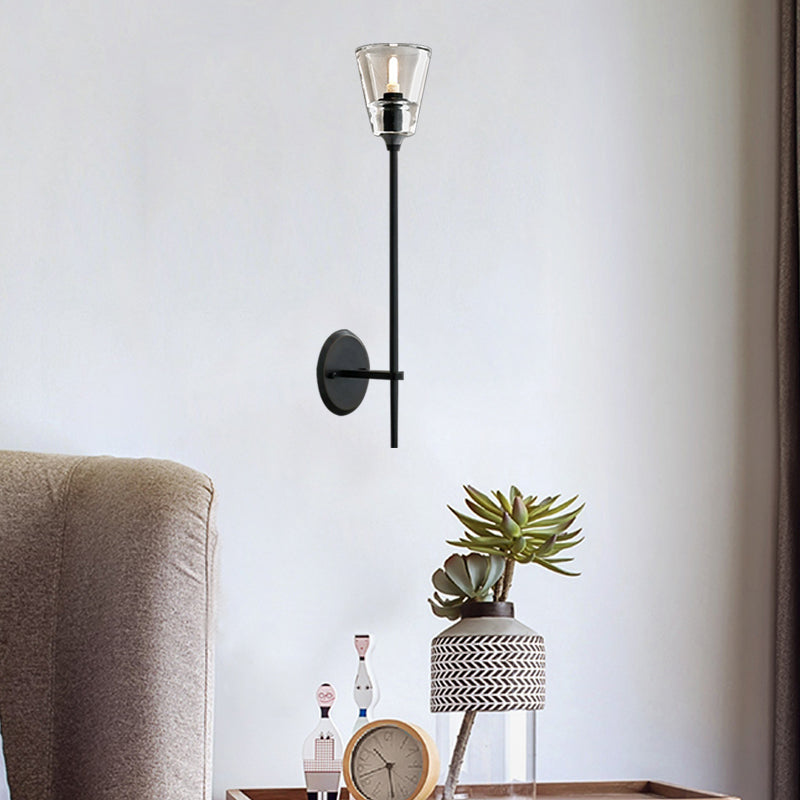 Black/Brass Finish Pencil Arm Wallchiere Vintage Metallic 1/2 Bulbs Wall Lamp with Clear Tapered Glass Shade