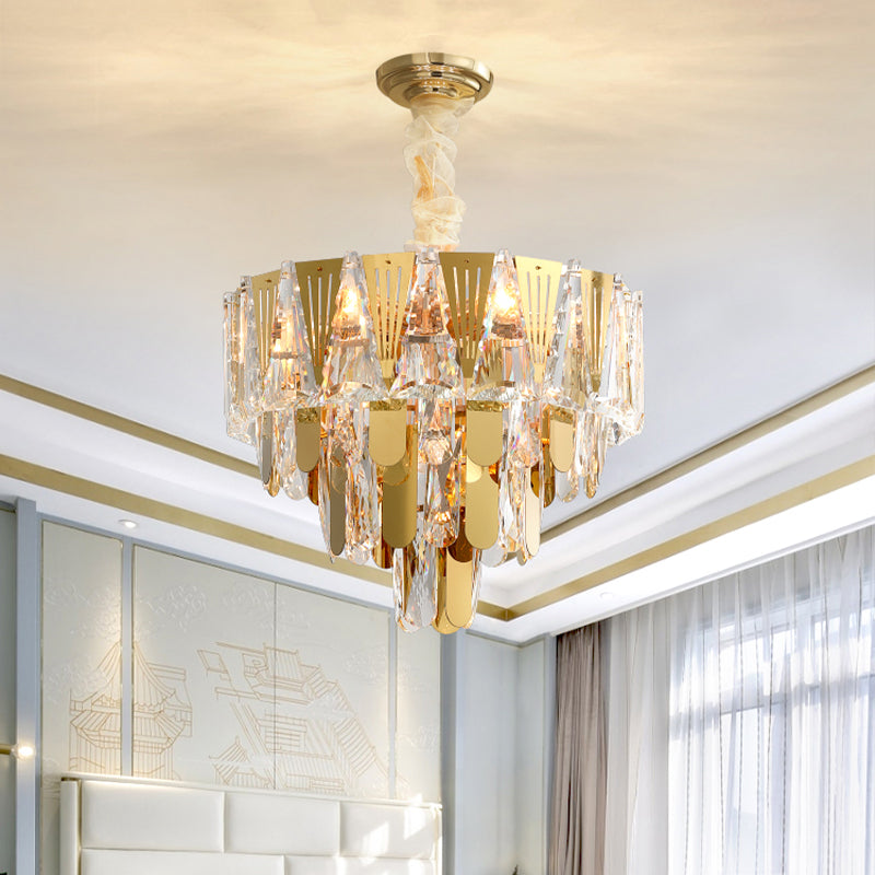 Triangle Chandelier Modernism Metallic 7-Light Gold Hanging Ceiling Light with Crystal Icicle