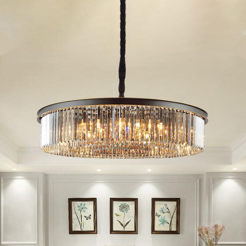 Black Drum Hanging Chandelier Modern 6/12 Lights Crystal Shaded Pendant Light for Living Room