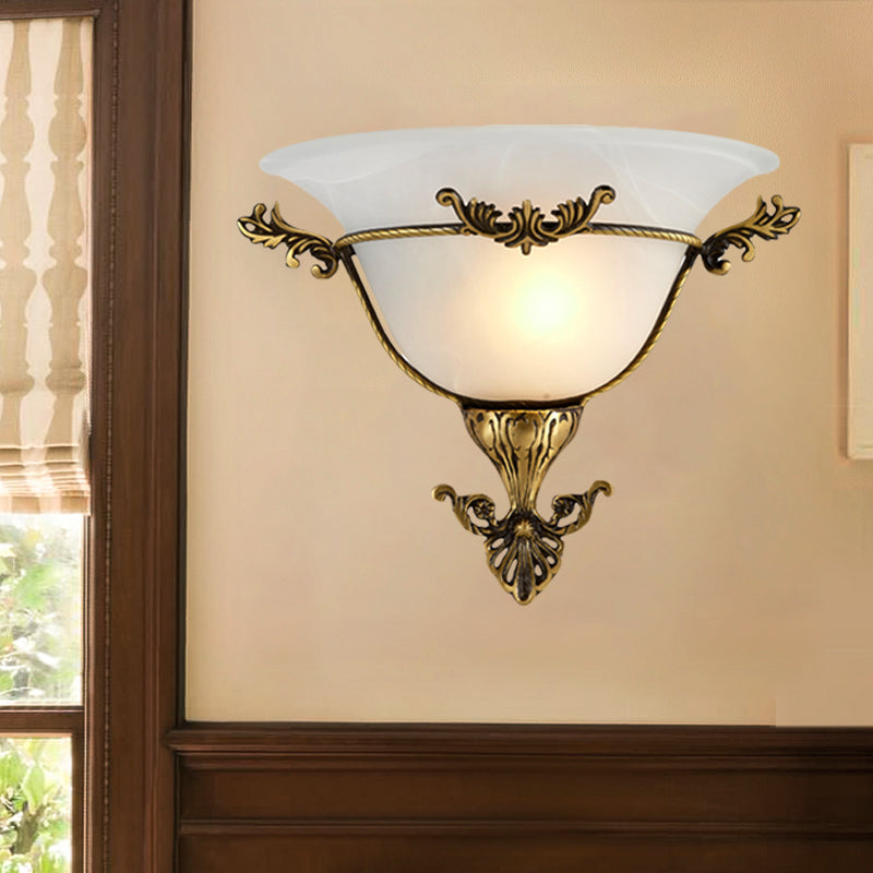 Single Bulb Flush Mount Traditional Flared Milky Glass Wall Sconce Lighting in Brass for Living Room