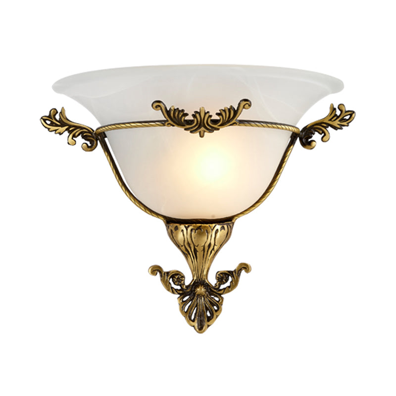Single Bulb Flush Mount Traditional Flared Milky Glass Wall Sconce Lighting in Brass for Living Room