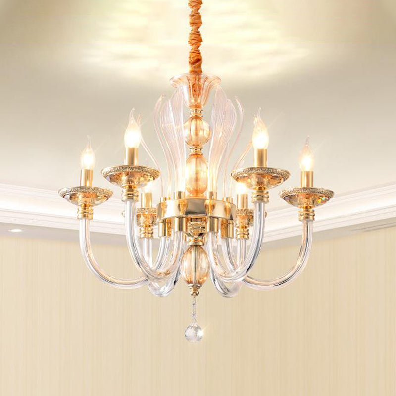 Golden Curved Chandelier Modern 6 Heads Clear Glass Ceiling Pendant Light with Crystal Drop