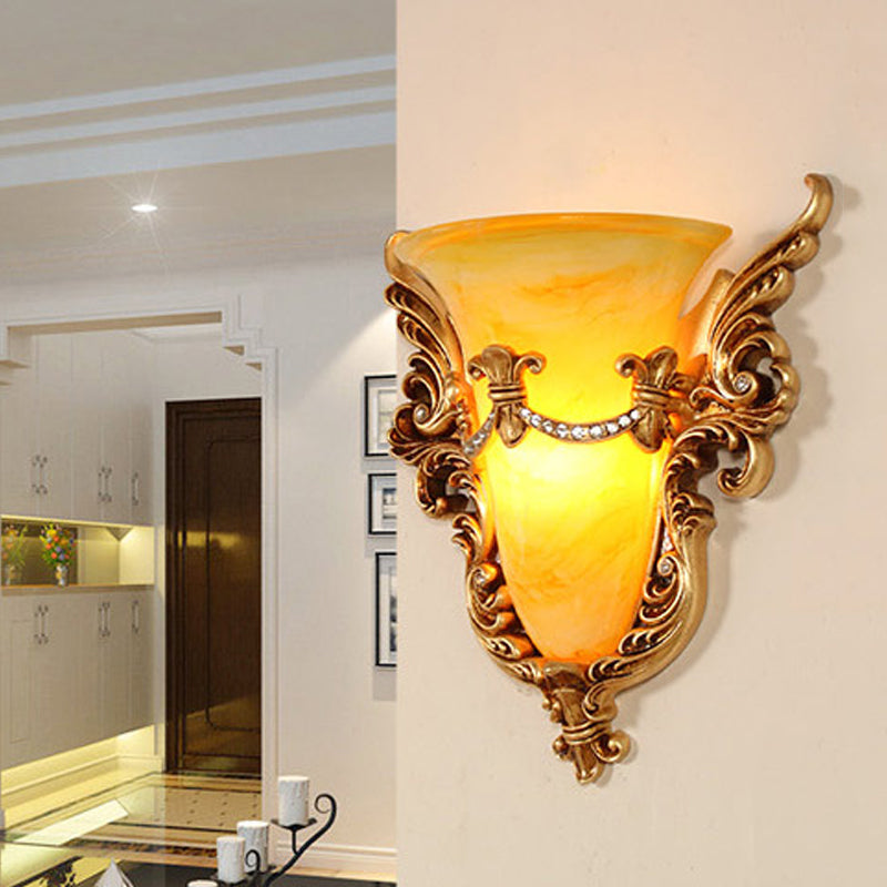Bell Frosted Glass Wall Sconce Colonial 1 Bulb Living Room Flush Mount Wall Light in White/Gold/White and Gold